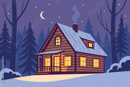 Cozy snow-covered cabin glows warmly in the winter woods.