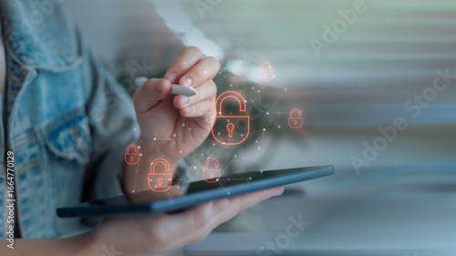 Принти на полотні Hand using a digital pen with tablet and unlocked padlock icons, representing cybersecurity data breach, hacking risk, online privacy loss, digital information leakage, and IT security awareness