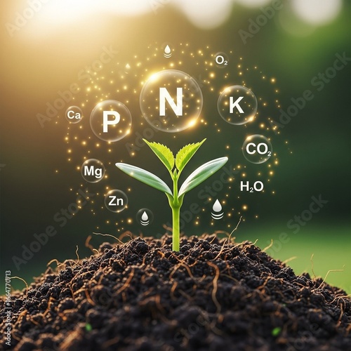 Sunlit plants accompanied by digital icons representing mineral nutrients. Highlighting fertilization and the essential function of nutrients in plant development