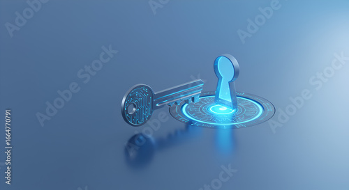 Digital key and keyhole with glowing blue light symbolizing cybersecurity and access control