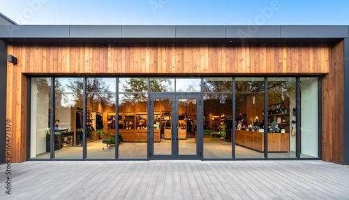A modern retail storefront with large windows showcasing a well-lit interior space.