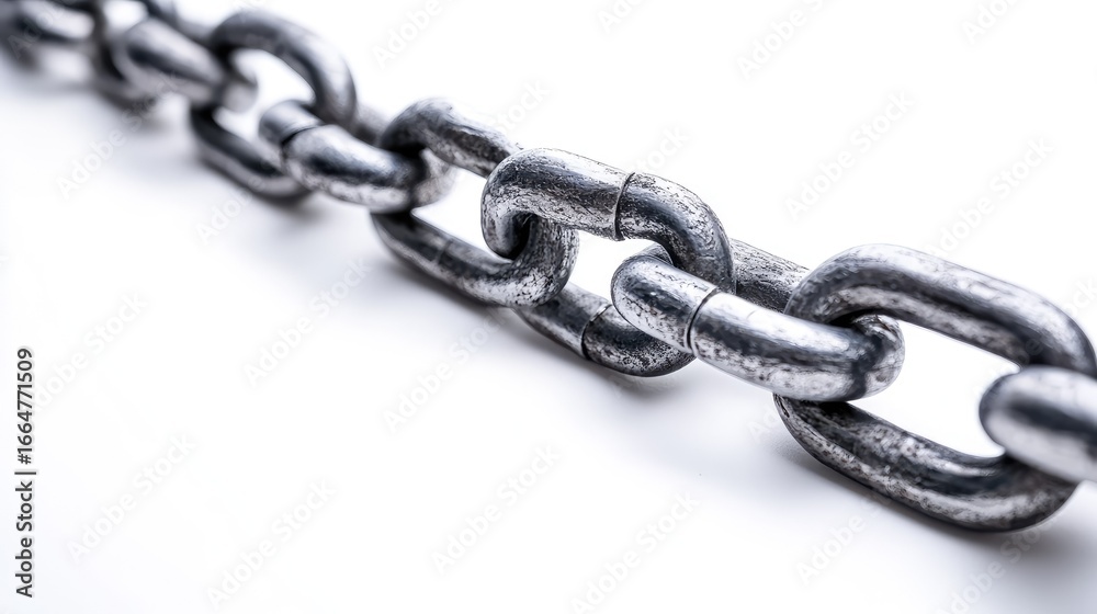 Fototapeta premium Close-up of a strong steel chain isolated on a clean white background, symbolizing strength, durability, and industrial power