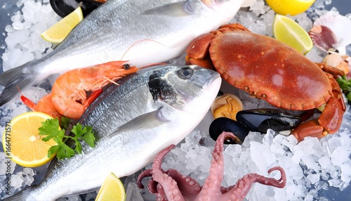 Seafood Extravaganza: A vibrant display of fresh seafood, including fish, crab, shrimp, octopus, and mussels, artfully arranged on a bed of ice, ready for a culinary adventure.