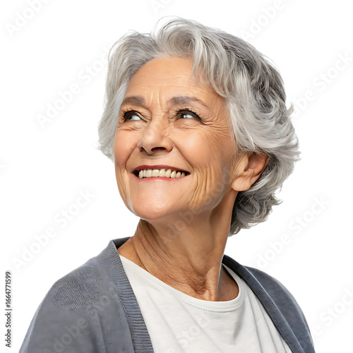 A smiling senior woman with grey hair looks up and to the side, isolated on a transparent background, conveying a sense of happiness and contentment