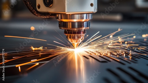 Close-up of fiber laser cutting bright sparks into steel sheet, showcasing precision industrial manufacturing and high-tech machinery