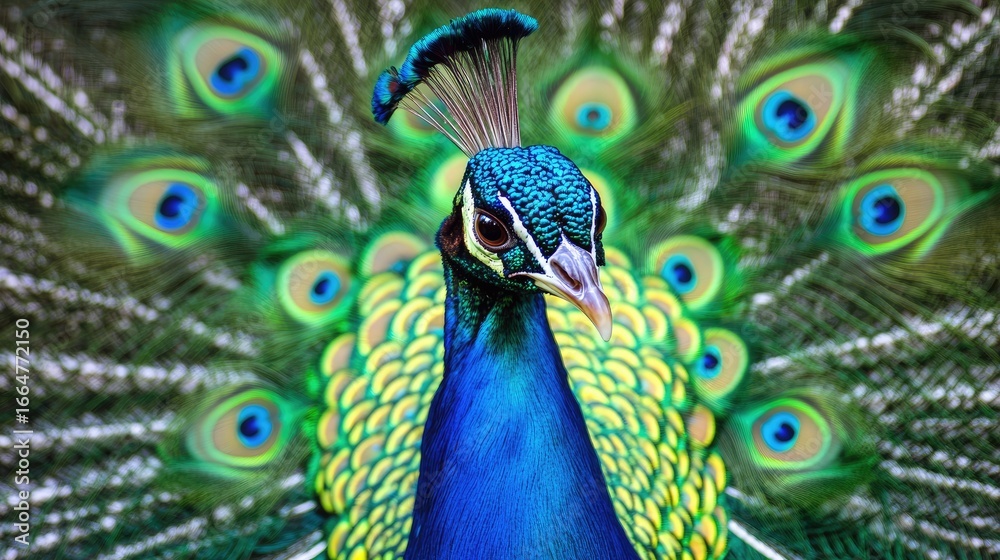 Obraz premium Close-up of peacock courtship display with feathers spread wide, showing detailed eyespots and shimmering colors, representing elegance and wildlife beauty