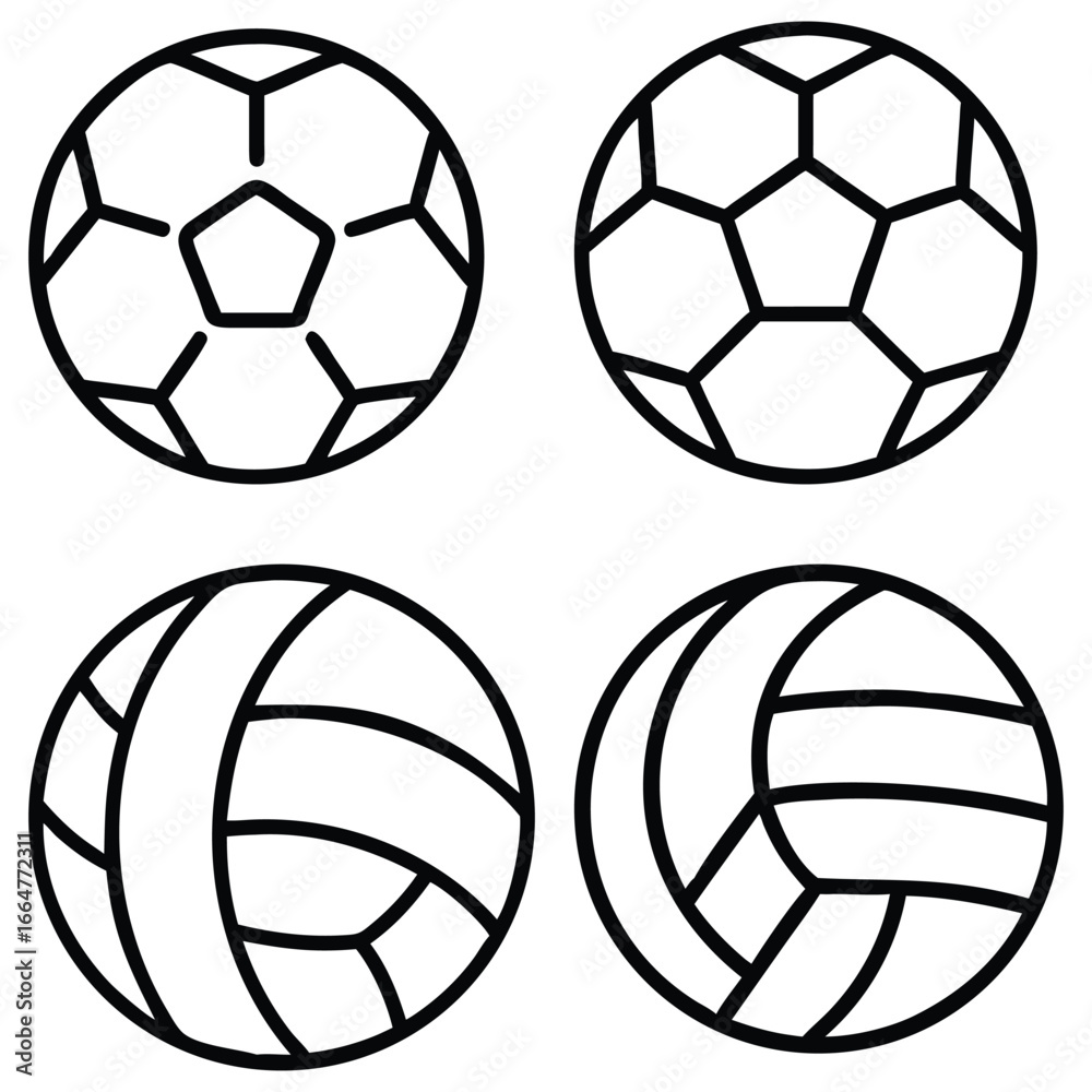 Obraz premium A black and white vector illustration of a set of classic soccer balls, perfect for any sport or competition game