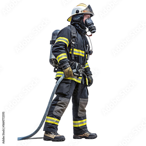 A brave firefighter in full protective gear, wearing a helmet and breathing apparatus, stands ready with a hose, isolated on a transparent background