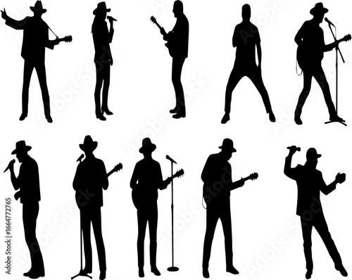 Set of singer silhouette. country music, rock stars,