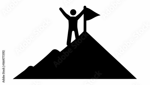 Silhouette of a person standing on top of a mountain with a flag waving in the wind showing success icon