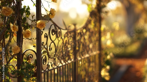 A beautiful wrought iron garden gate with yellow roses and a soft, sunlit background