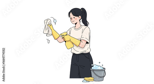 Cheerful woman cleaning with spray bottle and cloth at home