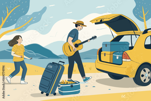 Teenager with guitar case, dad with duffel bag.