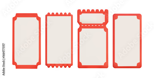 Set of red and white 3D coupon tickets isolated on background, minimal blank templates for discounts, vouchers, sales and advertising design