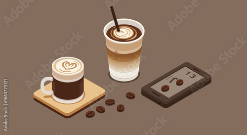 Isometric Coffee Illustration with Latte, Iced Drink, Smartphone, and Coffee Beans on Brown Background