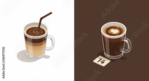 Isometric Coffee Drinks Illustration: Layered Macchiato with Straw & Heart Latte Art for Valentine's Day Theme