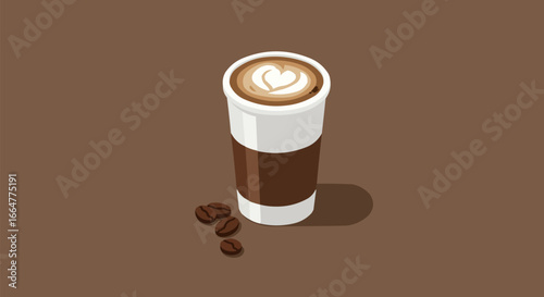 Takeaway Coffee Cup with Heart Latte Art and Roasted Coffee Beans Vector Illustration