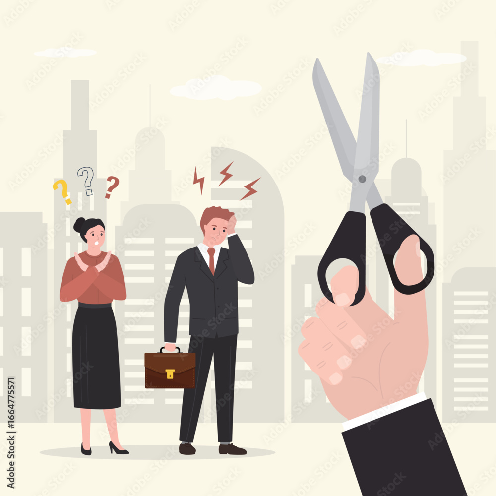 Boss threatens to staff reduction. Crisis, jobless. Businessman hand uses scissors trying to cut off troublesome human relationships or dismiss unnecessary employees. Boss threatens to staff reduction. Crisis, jobless. Businessman hand uses scissors trying to cut off troublesome human relationships or dismiss unnecessary employees.