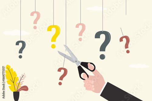Solving problem or business solution concept, businessman hand uses scissors and cutting the problems hanging around. answers to questions, overcoming obstacles.