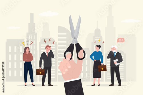 Boss threatens to staff reduction. Crisis, jobless. Businessman hand uses scissors trying to cut off troublesome human relationships or dismiss unnecessary employees.