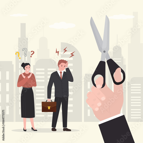 Boss threatens to staff reduction. Crisis, jobless. Businessman hand uses scissors trying to cut off troublesome human relationships or dismiss unnecessary employees.