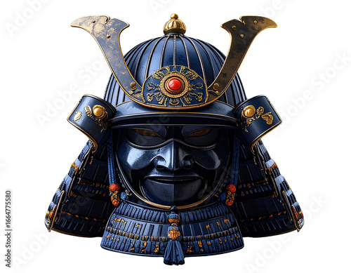 Traditional japanese samurai kabuto helmet with intricate blue detailing