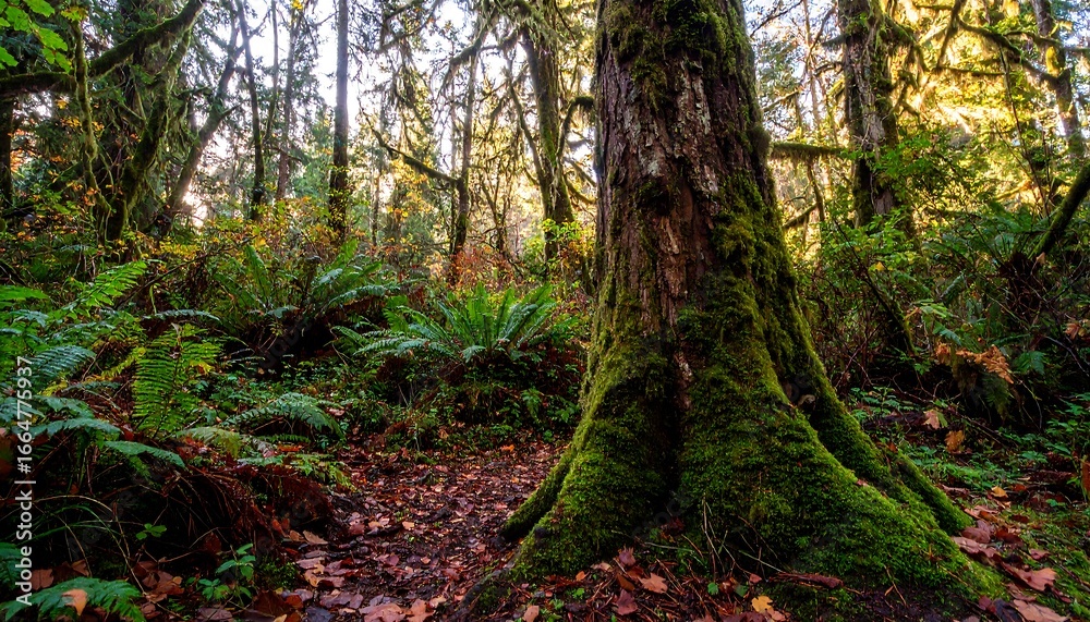 Fototapeta premium Lush forest floor with a moss-covered tree trunk, bathed in natural sunlight.