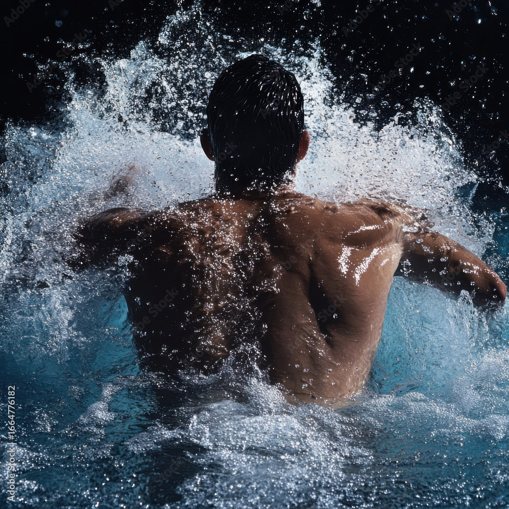 Fototapeta premium Swimmer emerging from water with droplets mid-air, powerful strokes, toned back muscles, competitive sports excellence, isolated sports photography, high-resolution detail. 