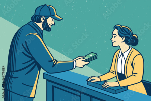 Teller handing cash to customer at bank counter.