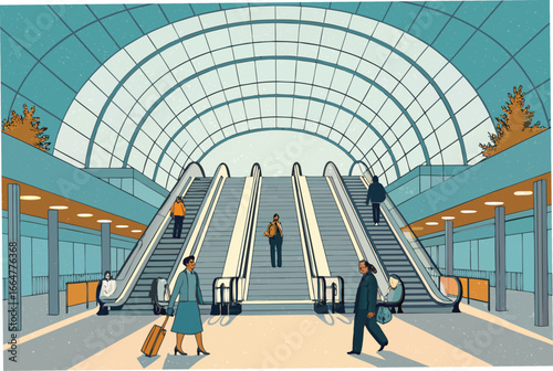 Modern terminal waiting hall with escalators.