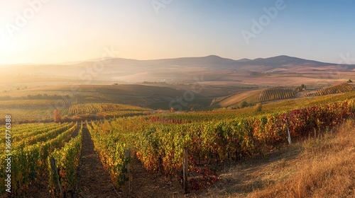 Golden sunrise illuminates rows of vineyard on rolling hills
