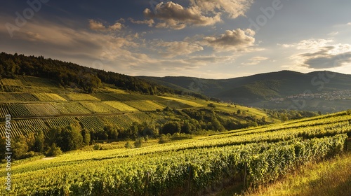 Sunlit vineyard rows cascade down a hillside at dusk