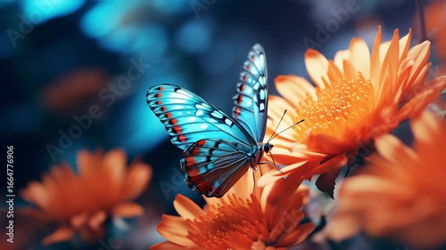 Stunning butterfly alighting on vibrant orange flowers in a delicate, sunlit garden scene