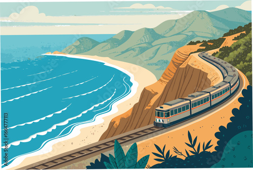 Tourist train on a coastal cliff with the ocean.