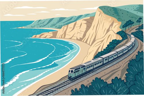 Tourist train rides coastal cliff with ocean.