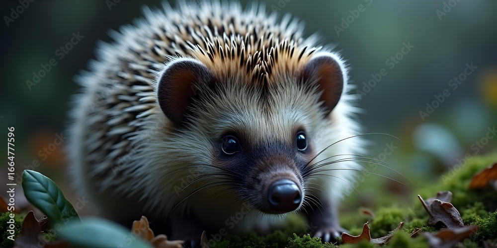Fototapeta premium Adorable hedgehog explores mossy ground