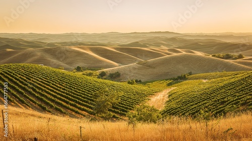 Golden hour illuminates rolling hills covered in vineyard rows