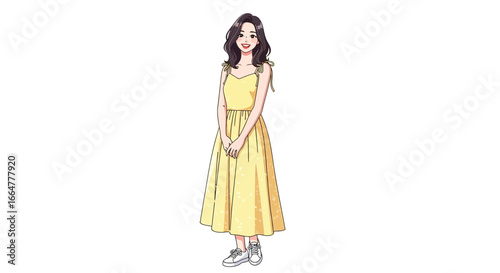 Smiling girl in yellow dress, youthful charm and summer style