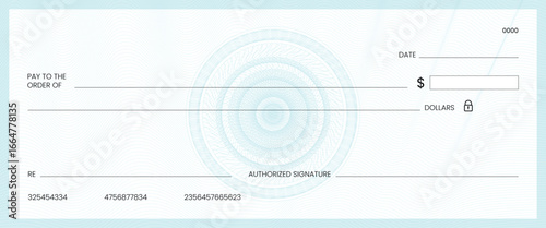 Blank bank check, checkbook cheque template or money payment paper voucher, vector mockup. Business or personal account cash pay cheque certificate or paycheck coupon from checkbook