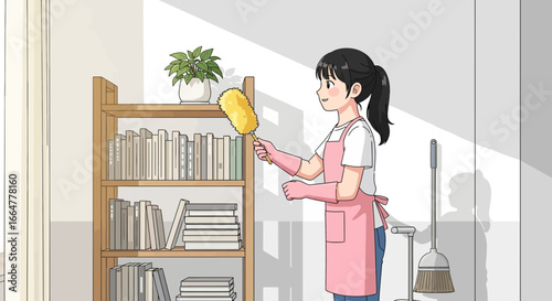 Cheerful girl dusting bookshelves in her room, spring cleaning