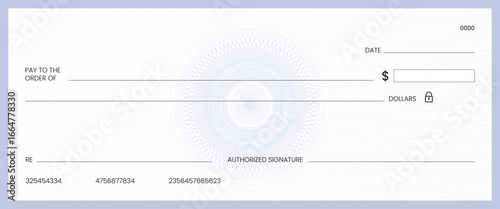 Blank bank check, checkbook cheque template or money payment paper voucher, vector mockup. Business or personal account cash pay cheque certificate or paycheck coupon from checkbook