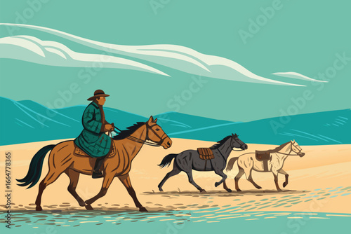 Mongolian rider herding horses across a vast landscape.