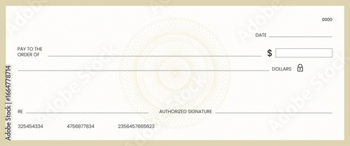 Blank bank check, checkbook cheque template or money payment paper voucher, vector mockup. Business or personal account cash pay cheque certificate or paycheck coupon from checkbook