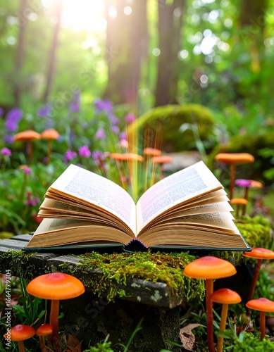 Open book nestled amidst a magical forest garden