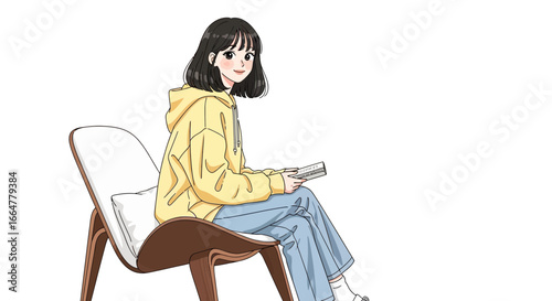 Trendy girl reading book in comfy chair, enjoying quiet time