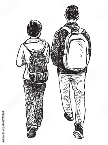 Young couple modern citizens with backpacks, students walking outdoors, realistic sketch, vector hand drawn illustration on white background