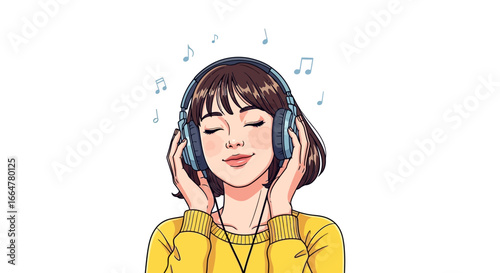 Serene girl listening to music with headphones on, eyes closed