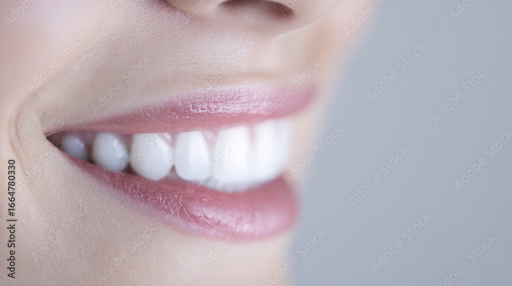 Obraz premium A womans side smile with perfect white teeth and subtle makeup