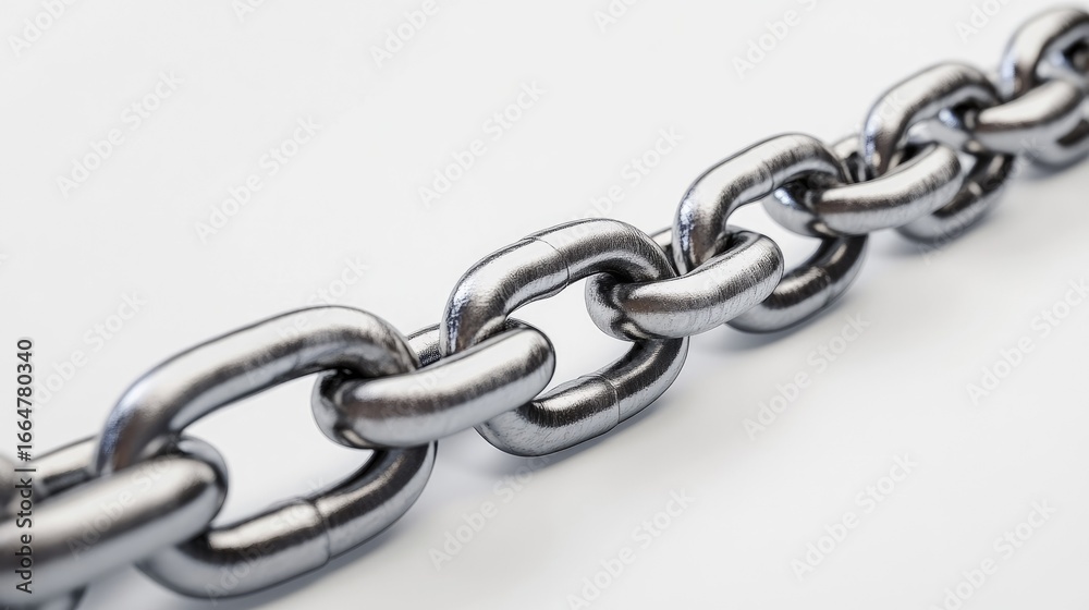 Fototapeta premium Shiny steel chain stretched horizontally across white background, symbolizing security, resilience, and industrial toughness