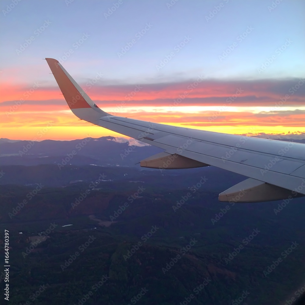 Fototapeta premium Airplane wing over a colorful sunrise